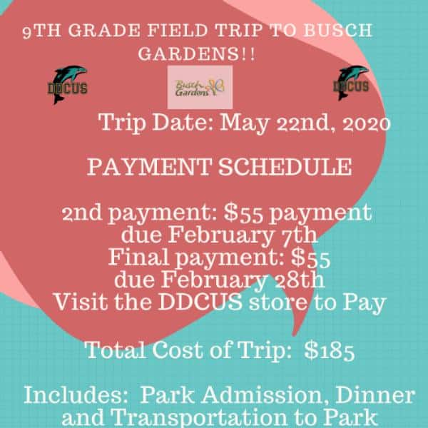 Busch Gardens Field Trip 2nd and Final Payments Due in February