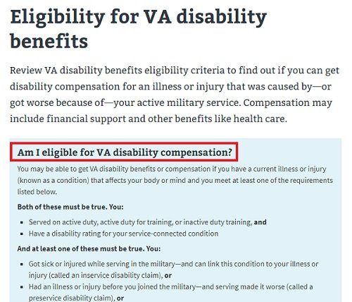 Disability benefits for a veteran