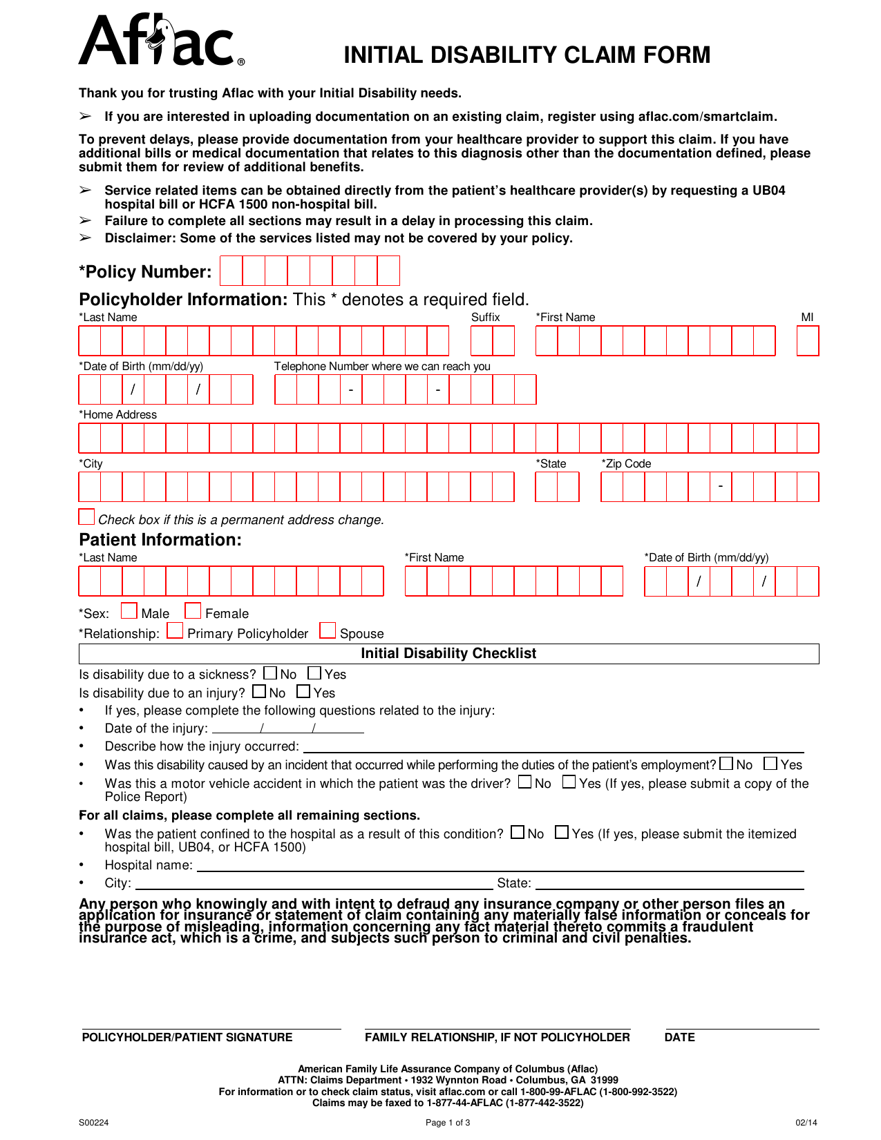 Download Aflac Short Term Disability Claim Form/ Initial ...