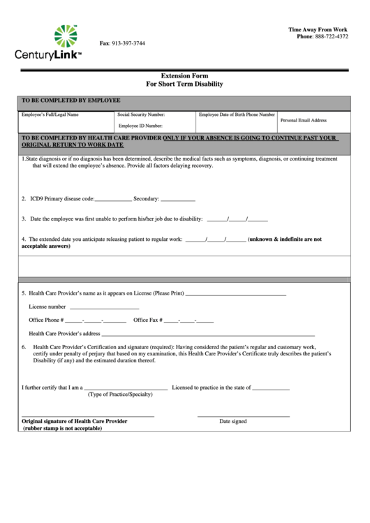 Extension Form For Short Term Disability printable pdf ...