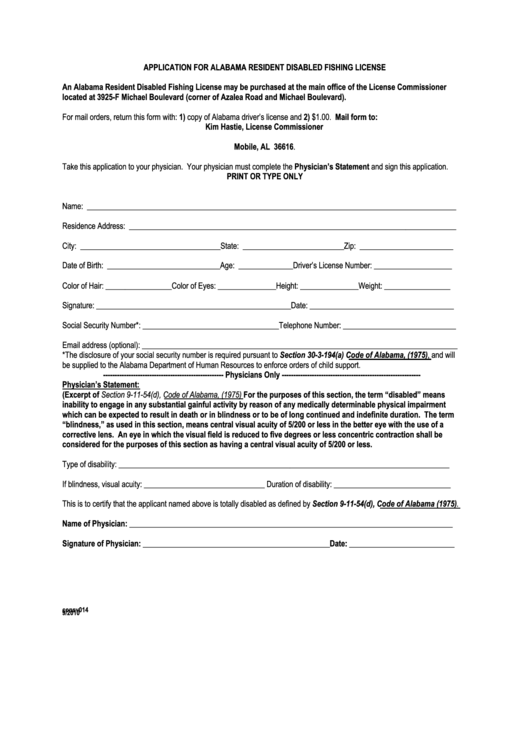 Fillable Application For Alabama Resident Disabled Fishing ...