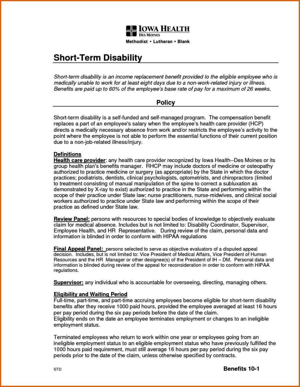 Short Term Disability Appeal Letter